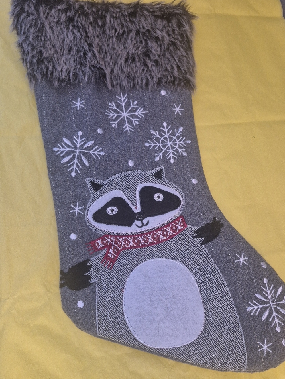 Gray Raccoon Holiday Stocking with Faux Fur Cuff